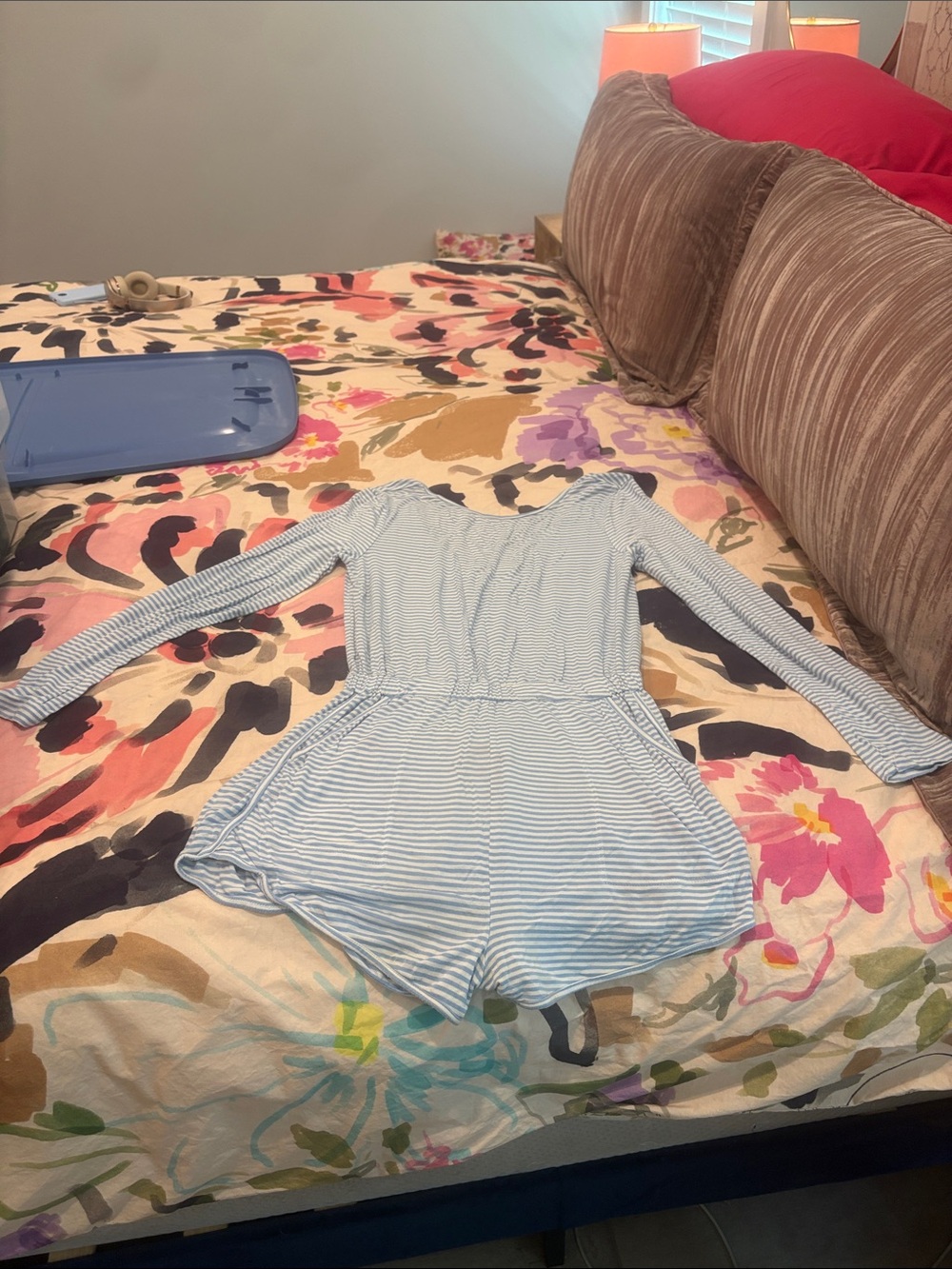 Free People Light Blue and White Striped Long-Sleeve Romper